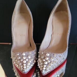 Christian Louboutin Follies Spikesnell 100 ouadro Lurex fabric Sz36
